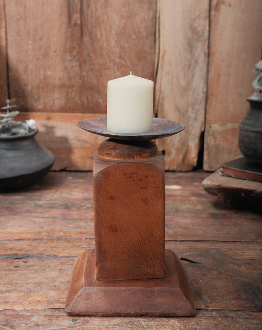 Vintage Architectural Wood Candle Holder with Block Pedestal