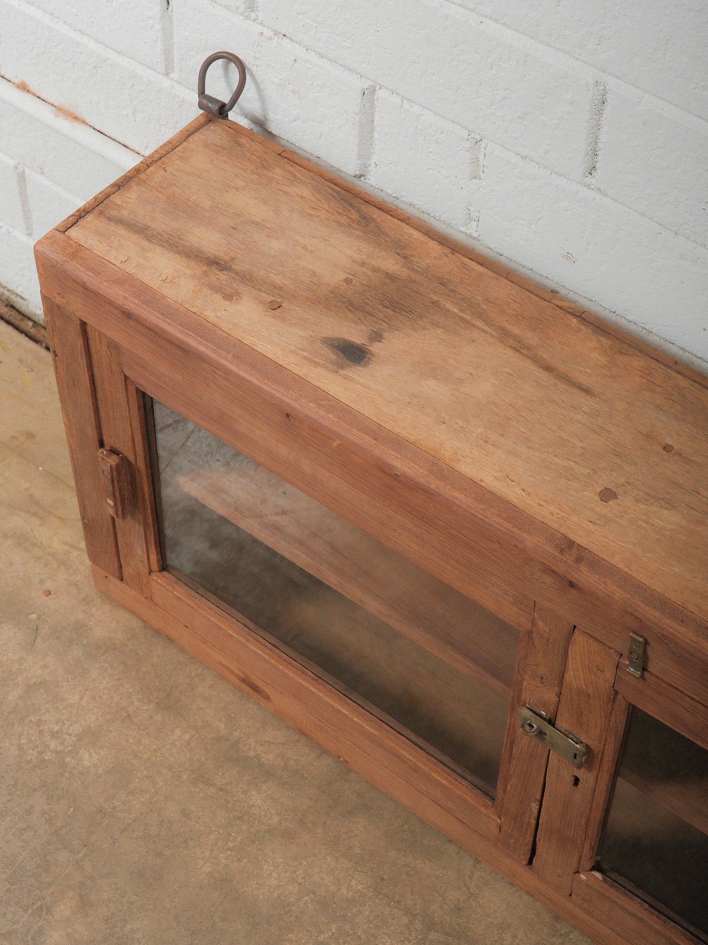 Indian Teak Wood Wall Cabinet with Glass Doors and Original Hardware
