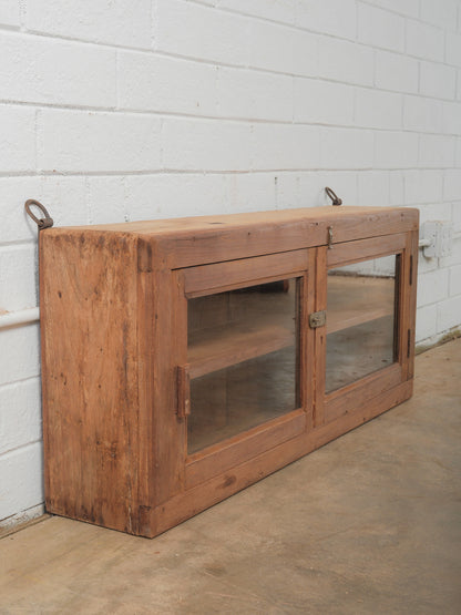 Indian Teak Wood Wall Cabinet with Glass Doors and Original Hardware
