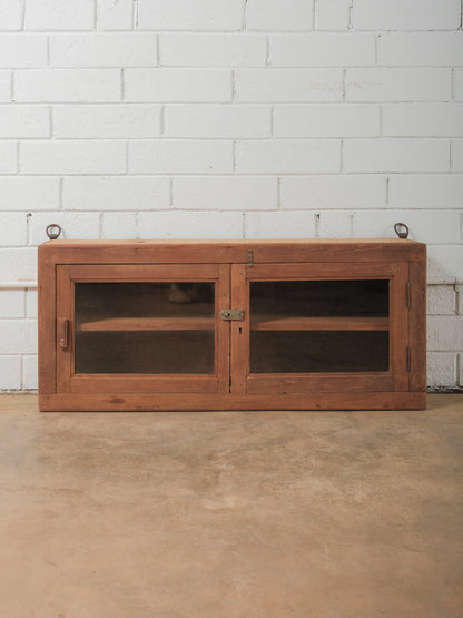 Indian Teak Wood Wall Cabinet with Glass Doors and Original Hardware