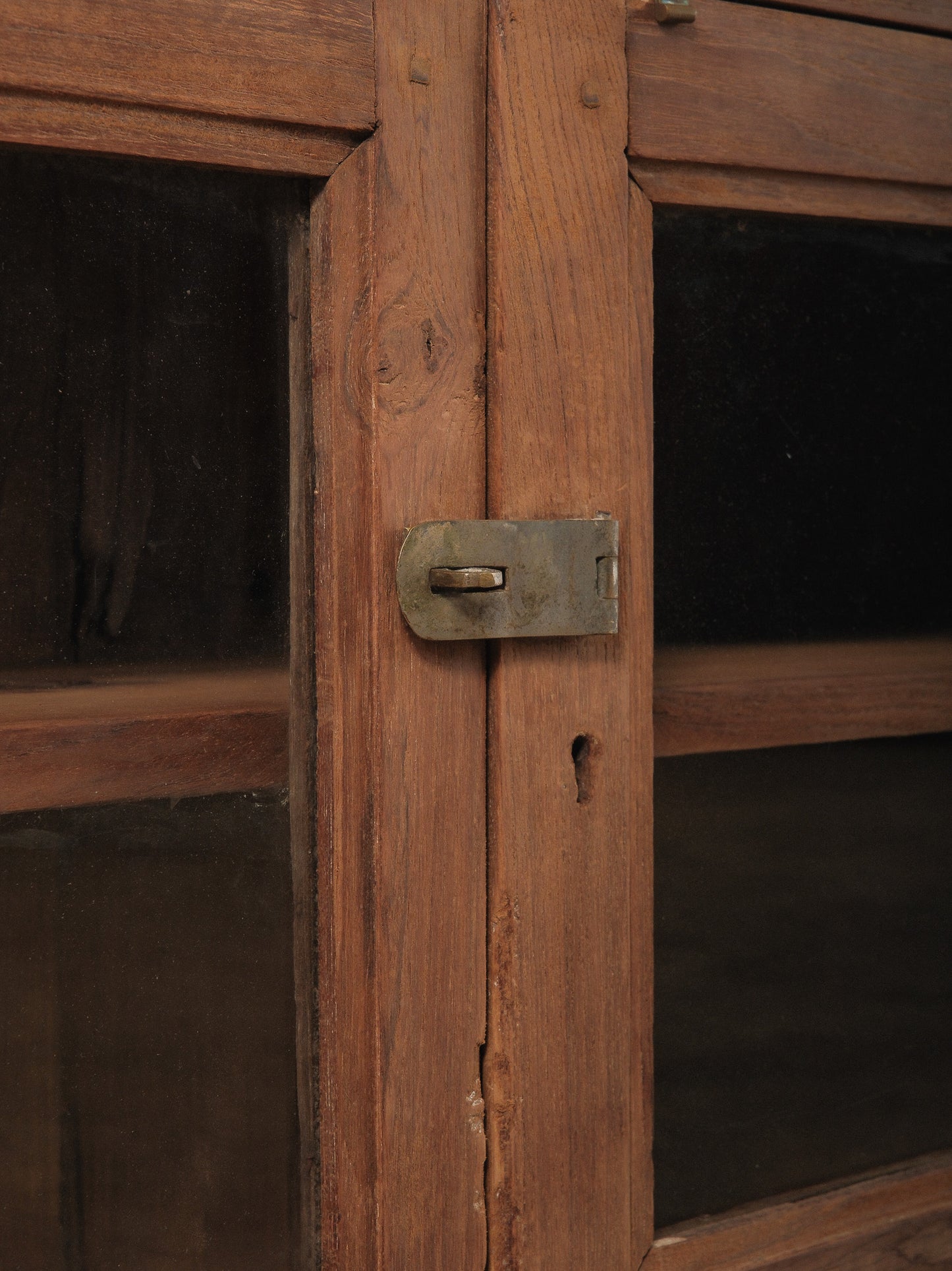 Indian Teak Wood Wall Cabinet with Glass Doors and Original Hardware