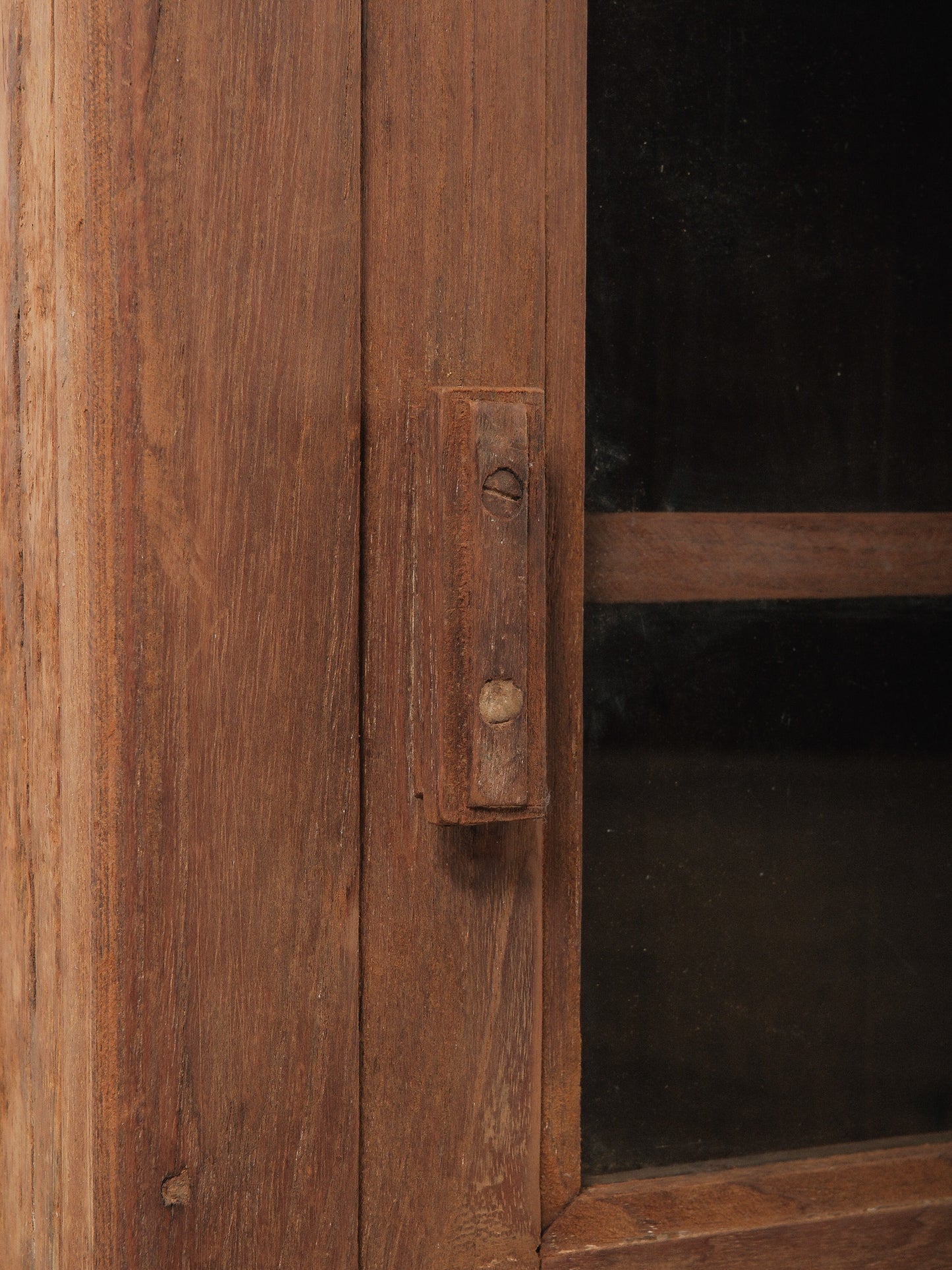 Indian Teak Wood Wall Cabinet with Glass Doors and Original Hardware