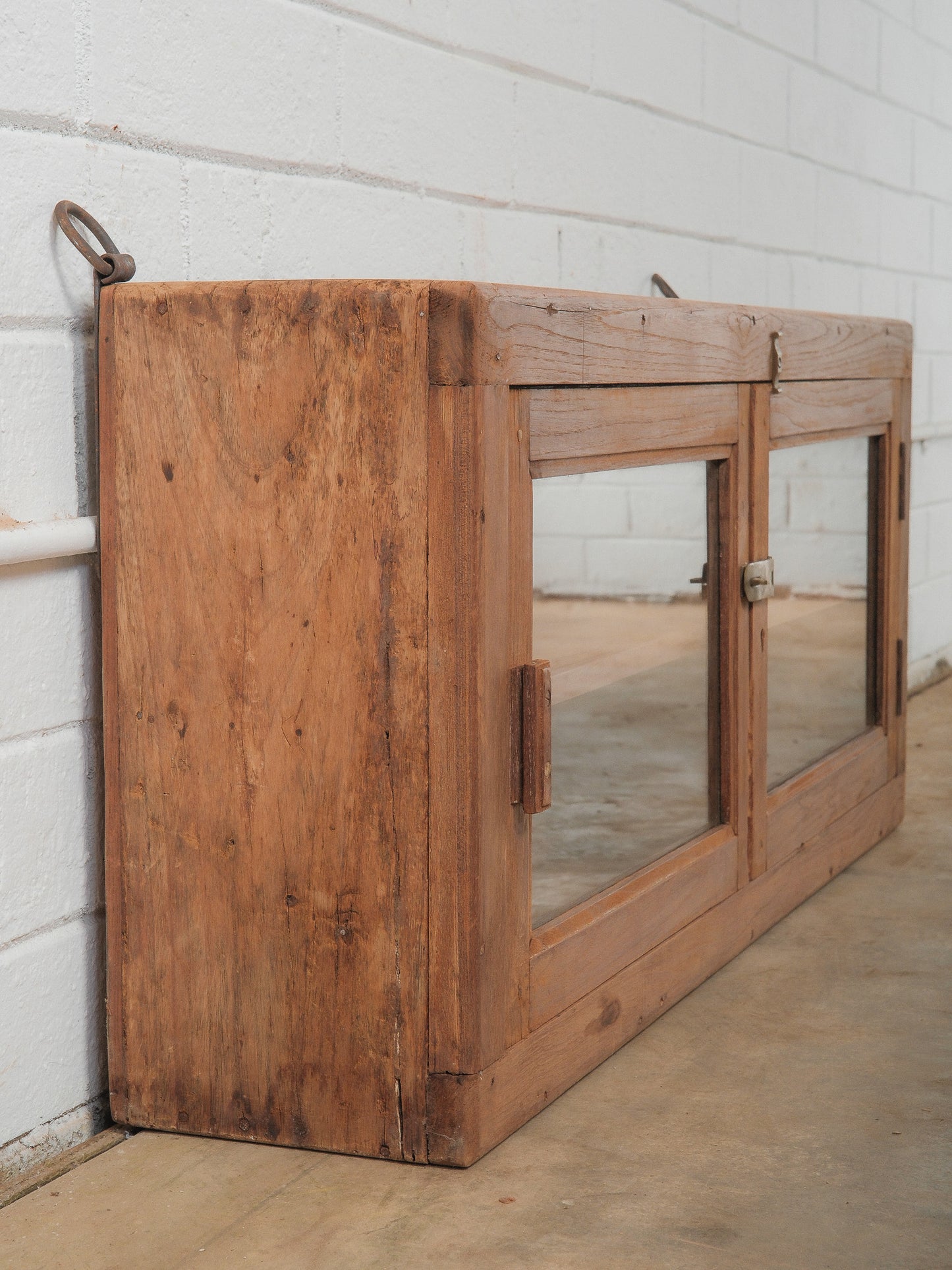 Indian Teak Wood Wall Cabinet with Glass Doors and Original Hardware