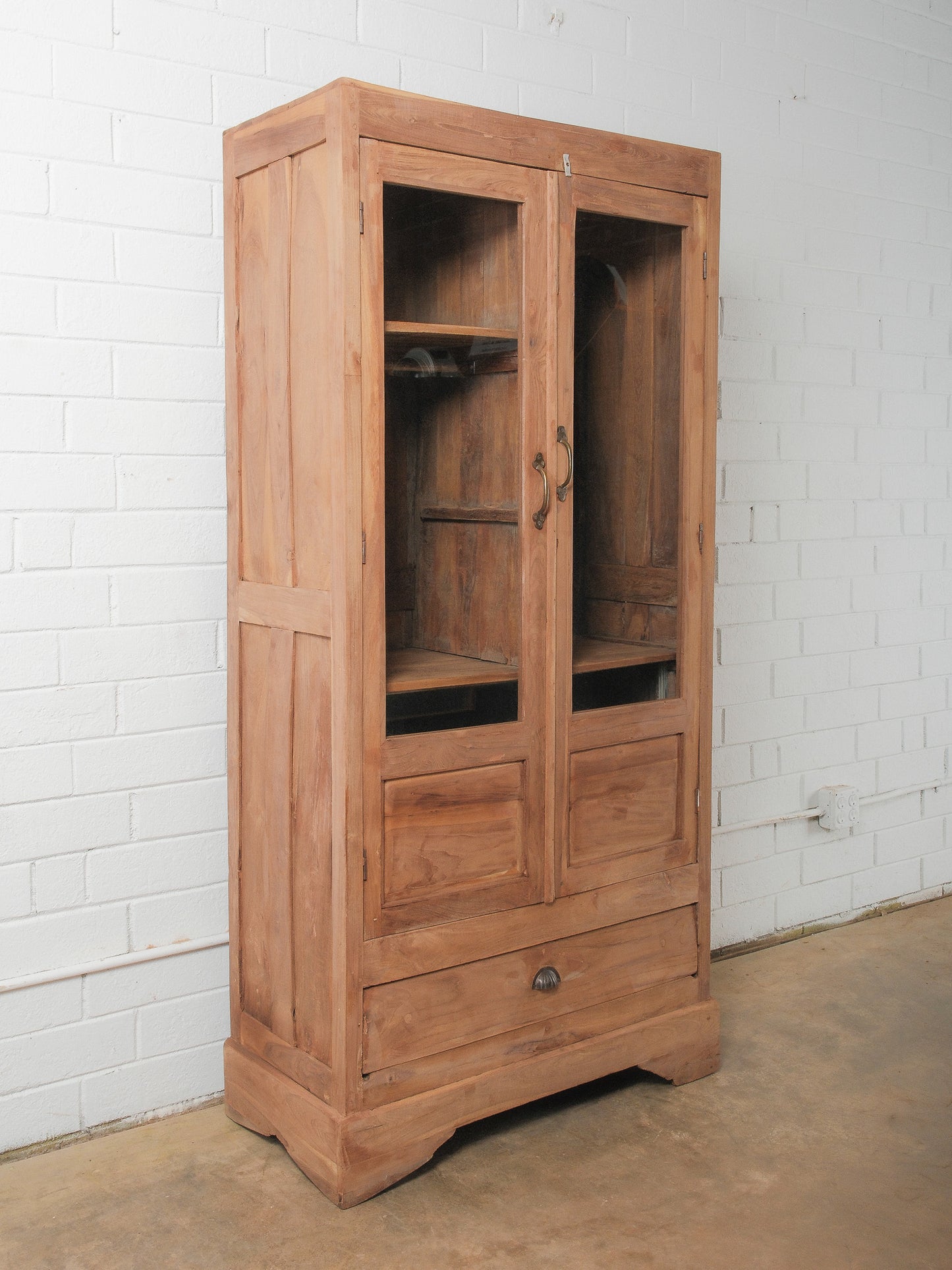 Indian Teak Glass Front Almirah Cabinet with Drawers and Interior Shelving