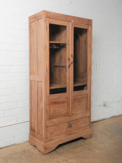 Indian Teak Glass Front Almirah Cabinet with Drawers and Interior Shelving