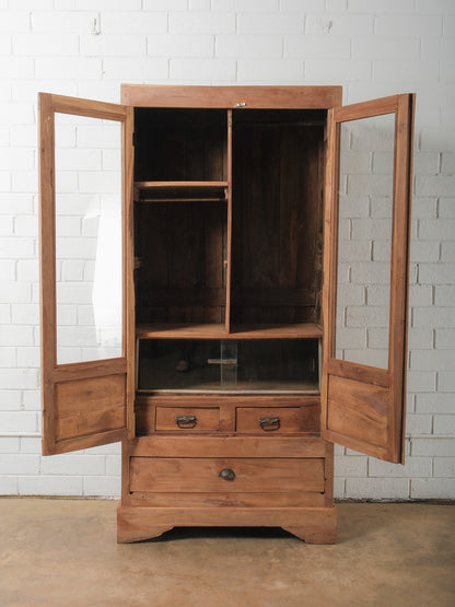 Indian Teak Glass Front Almirah Cabinet with Drawers and Interior Shelving