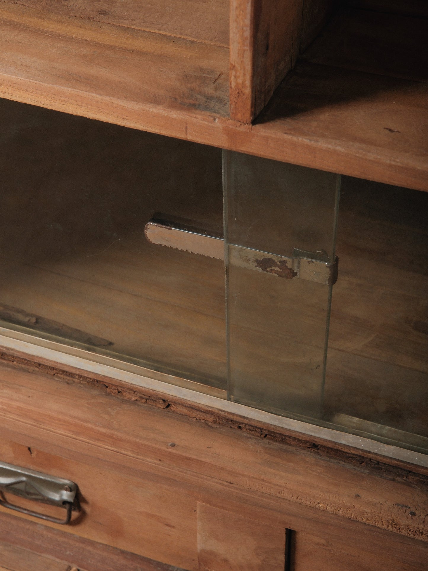 Indian Teak Glass Front Almirah Cabinet with Drawers and Interior Shelving