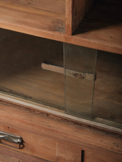 Indian Teak Glass Front Almirah Cabinet with Drawers and Interior Shelving