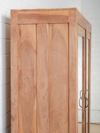 Indian Teak Glass Front Almirah Cabinet with Drawers and Interior Shelving