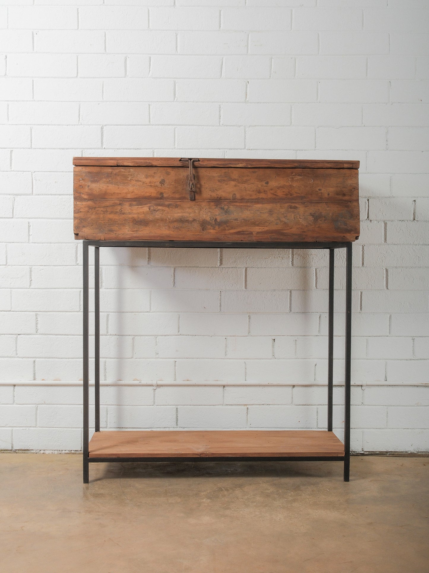 Indian Wooden Storage Box on Iron Stand with Lift-Top Lid and Rustic Patina