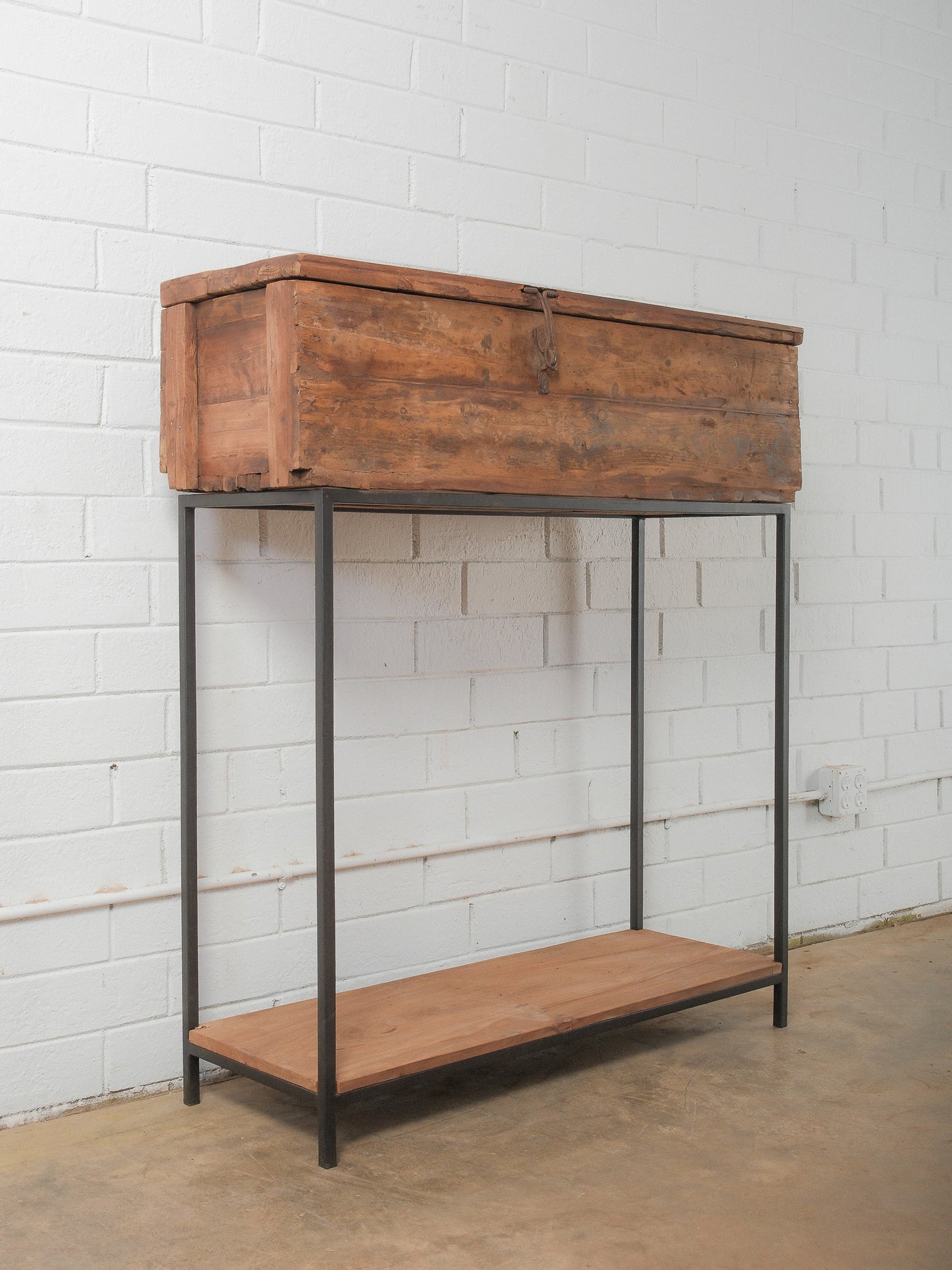 Indian Wooden Storage Box on Iron Stand with Lift-Top Lid and Rustic Patina
