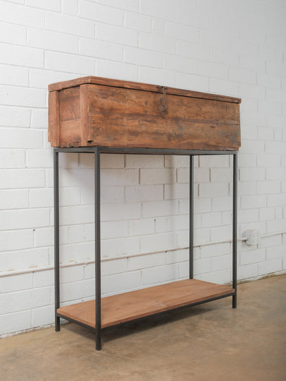 Indian Wooden Storage Box on Iron Stand with Lift-Top Lid and Rustic Patina