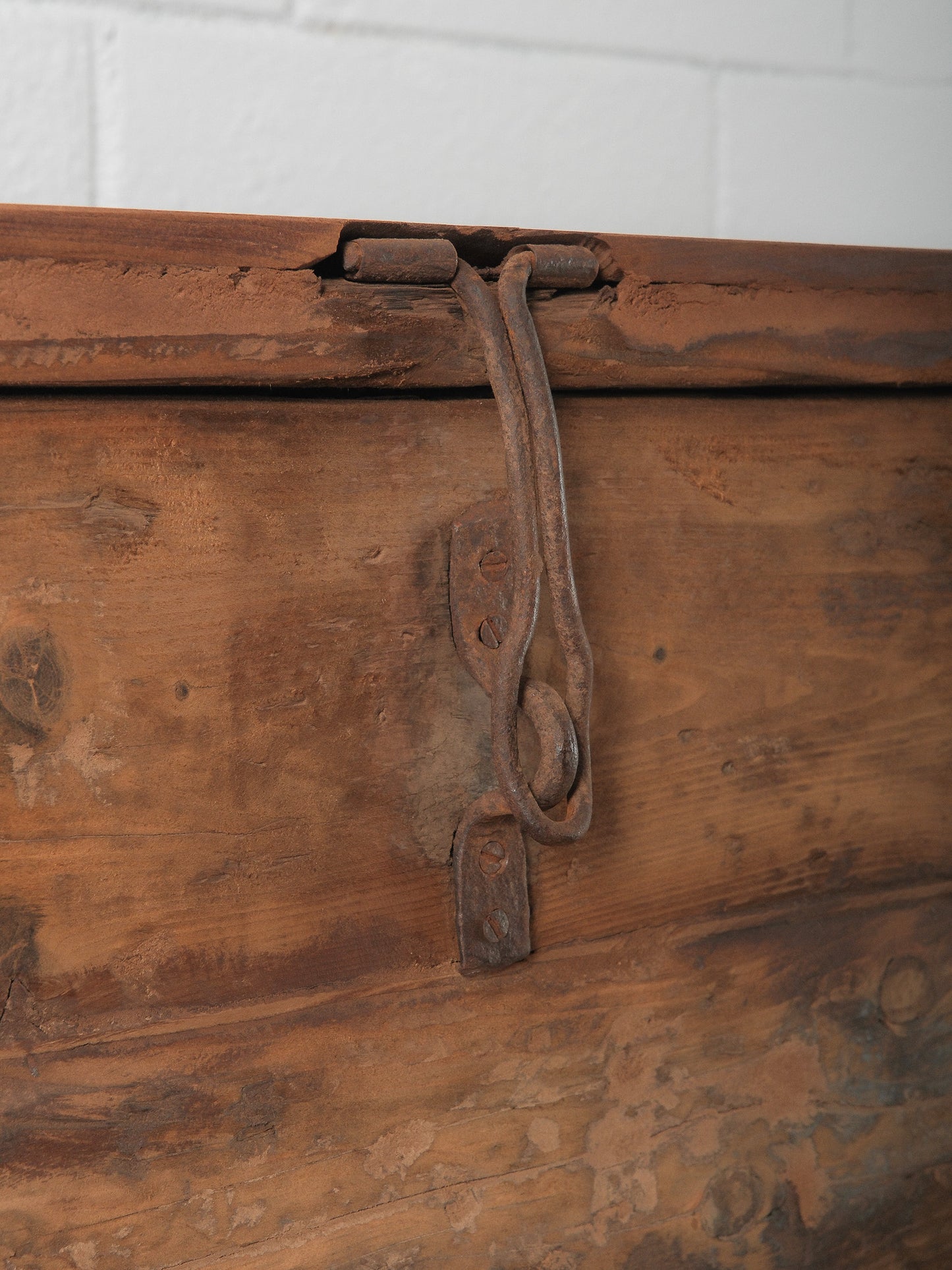 Indian Wooden Storage Box on Iron Stand with Lift-Top Lid and Rustic Patina