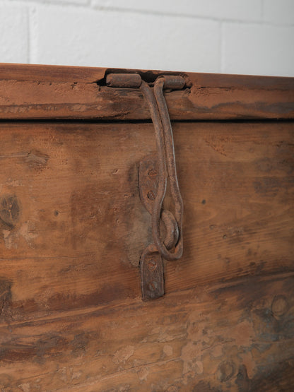 Indian Wooden Storage Box on Iron Stand with Lift-Top Lid and Rustic Patina