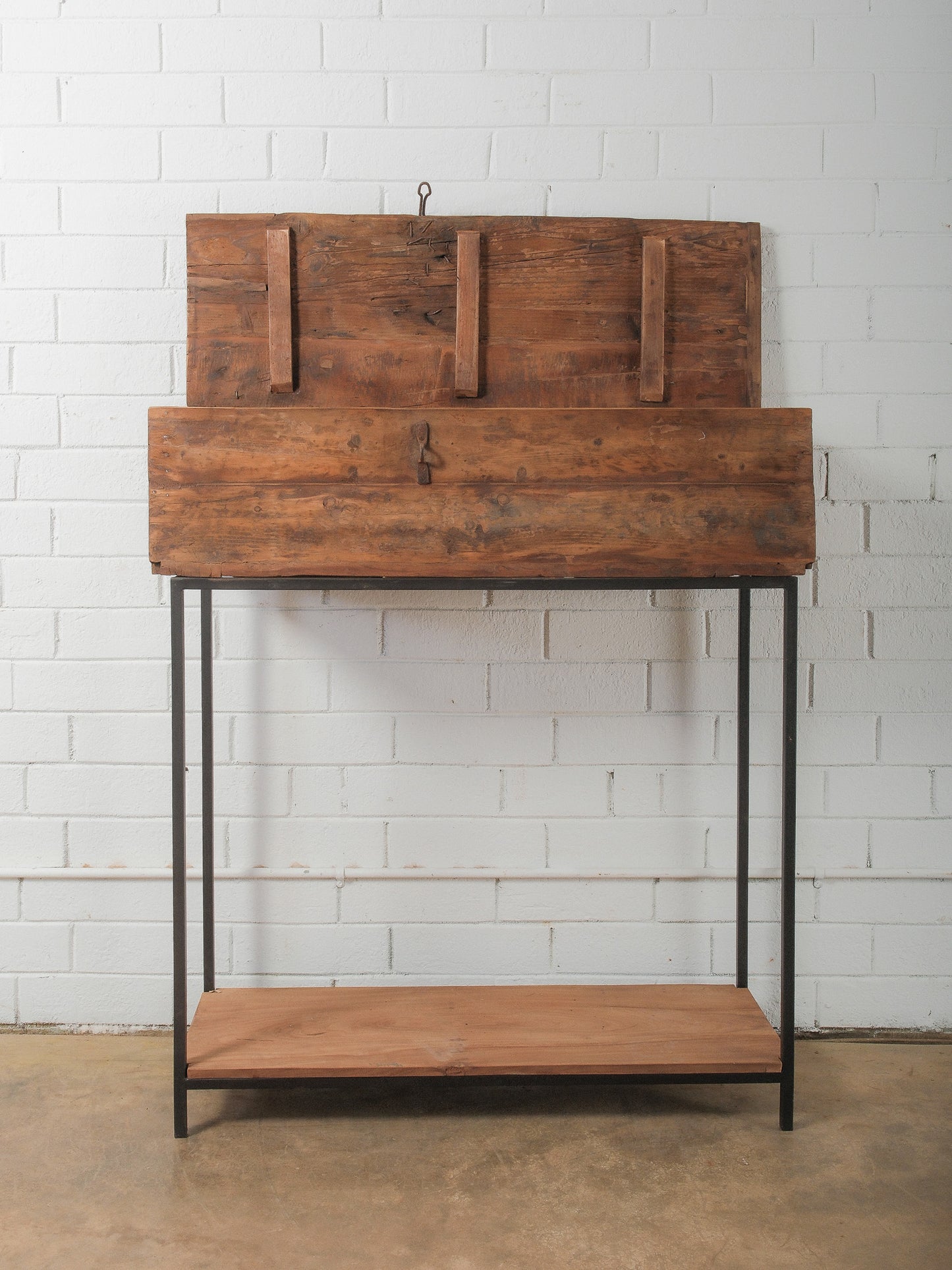 Indian Wooden Storage Box on Iron Stand with Lift-Top Lid and Rustic Patina