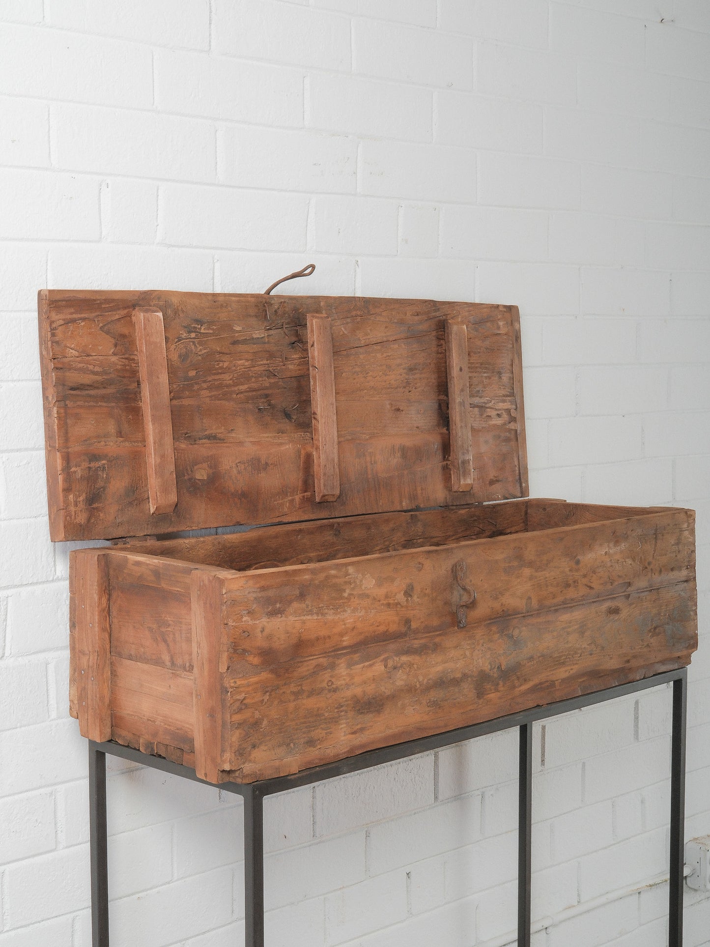 Indian Wooden Storage Box on Iron Stand with Lift-Top Lid and Rustic Patina
