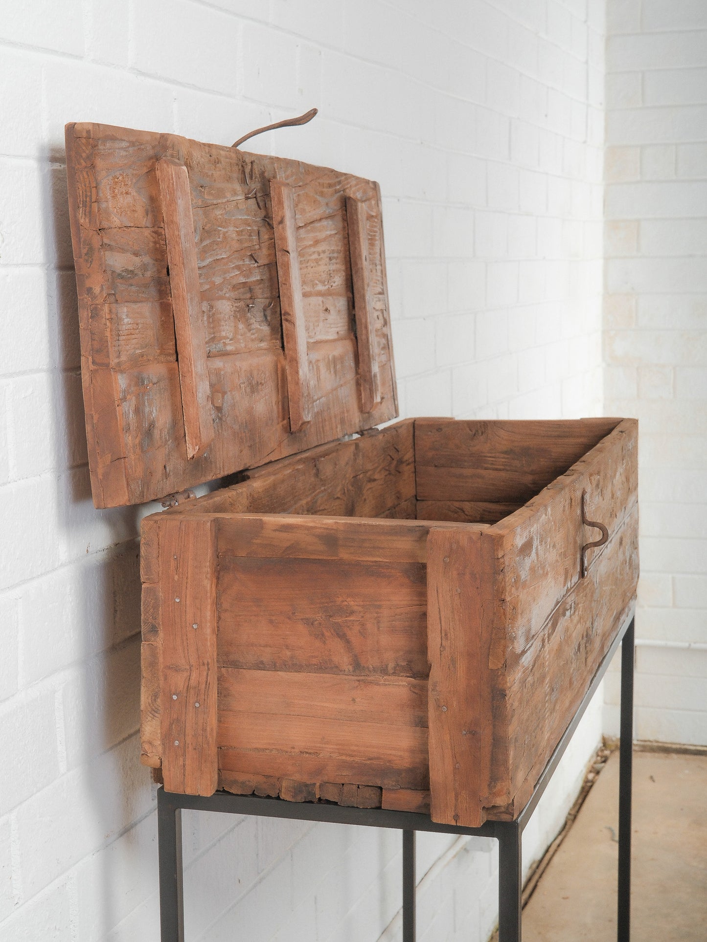Indian Wooden Storage Box on Iron Stand with Lift-Top Lid and Rustic Patina