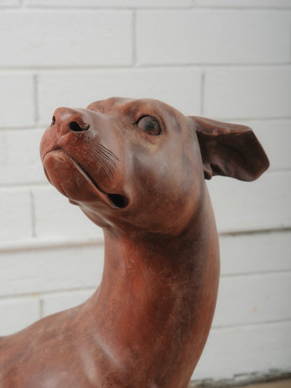 Hand-Carved Wooden Greyhound Sculpture in Expressive Mid-Stride Pose