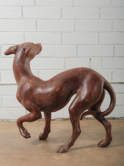Hand-Carved Wooden Greyhound Sculpture in Expressive Mid-Stride Pose