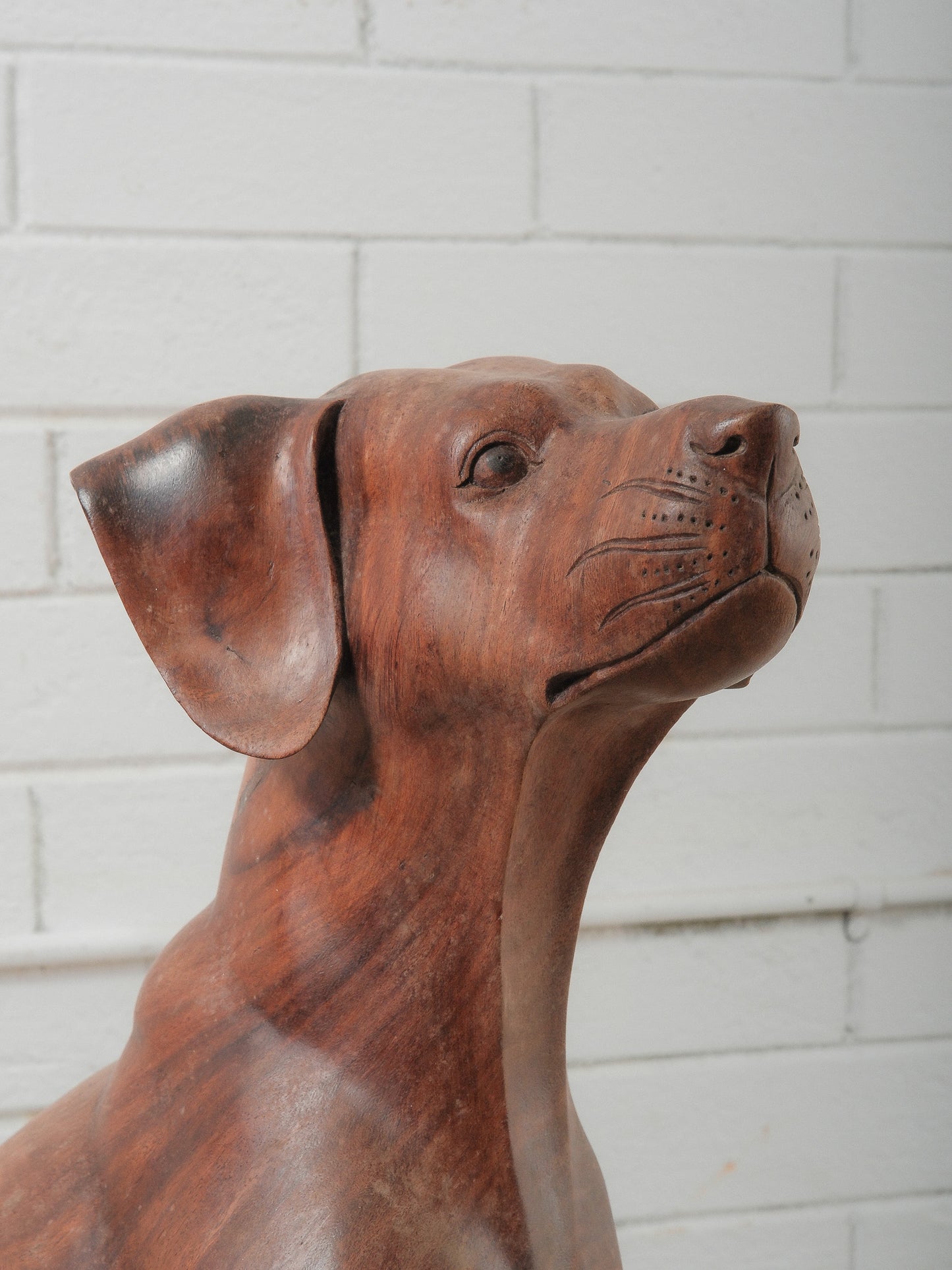 Hand-Carved Wooden Hound Dog Sculpture in Rich Warm Brown Finish