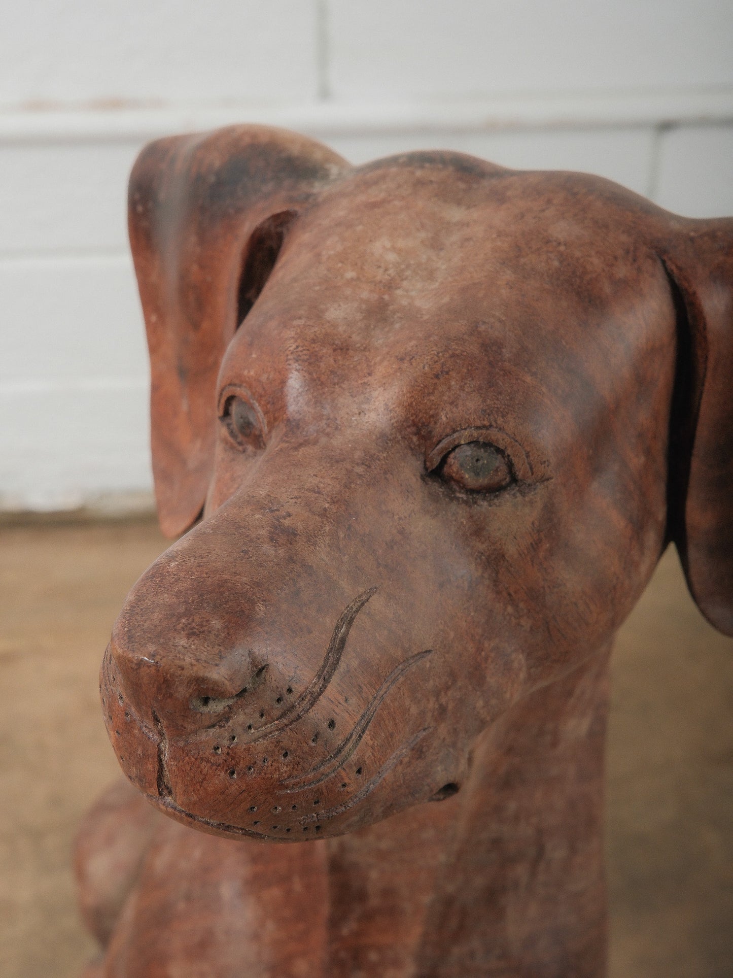 Hand-Carved Wooden Hound Dog Sculpture in Rich Warm Brown Finish