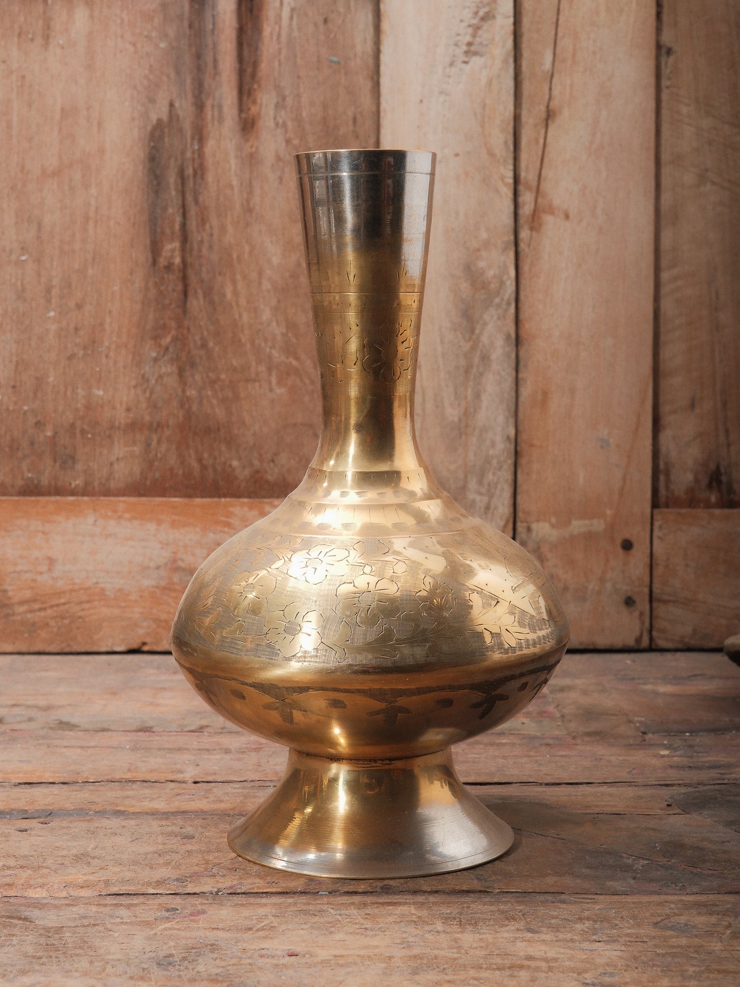 Vintage Engraved Brass Lota Vase | Tall Indian Water Vessel