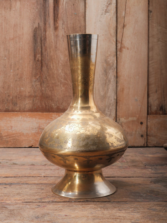 Vintage Engraved Brass Lota Vase | Tall Indian Water Vessel
