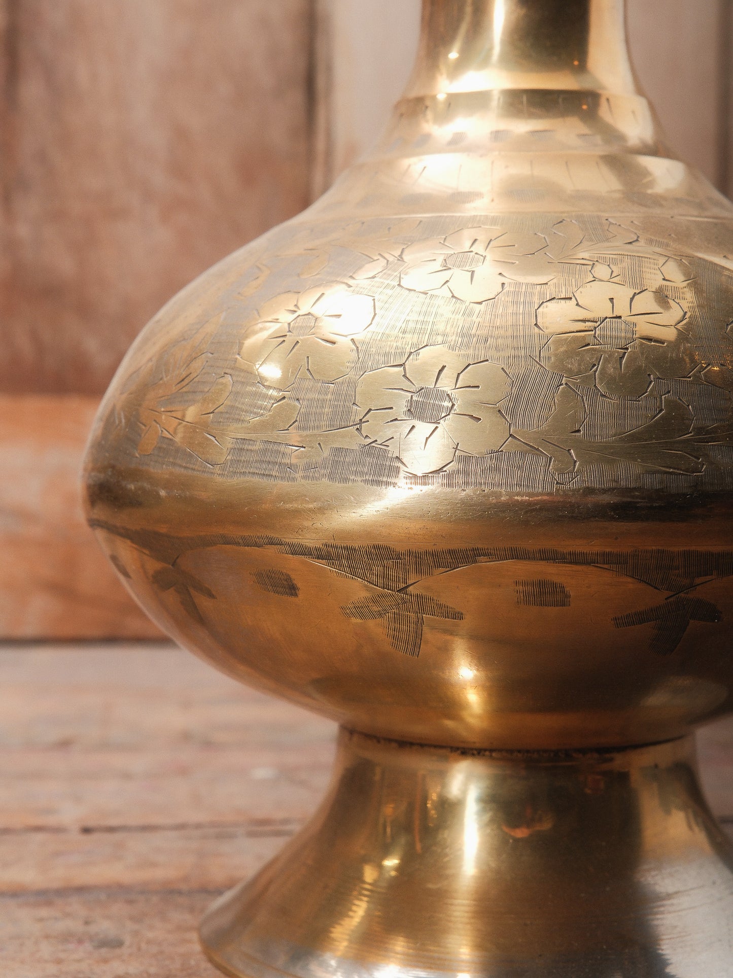 Vintage Engraved Brass Lota Vase | Tall Indian Water Vessel