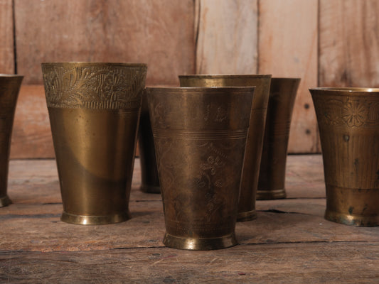 Vintage Engraved Brass Lasi Cup | Rustic Barware Tumbler | Decorative Brass Vessel