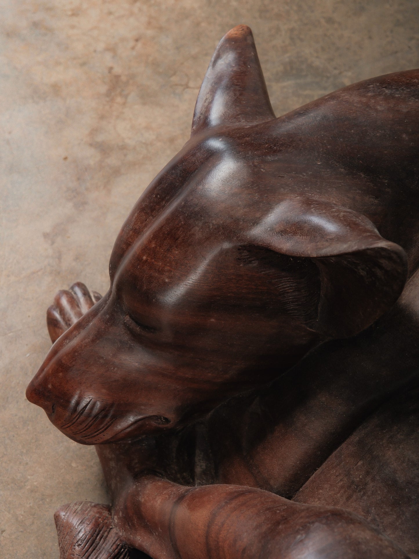 Hand-Carved Wooden Sleeping Dog Sculpture in Curled Resting Form