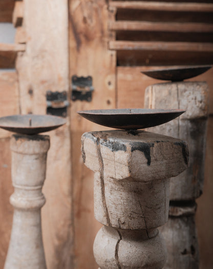Repurposed Wooden Spindle Candle Holder on Iron Stand