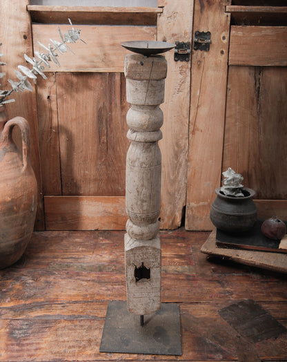 Repurposed Wooden Spindle Candle Holder on Iron Stand