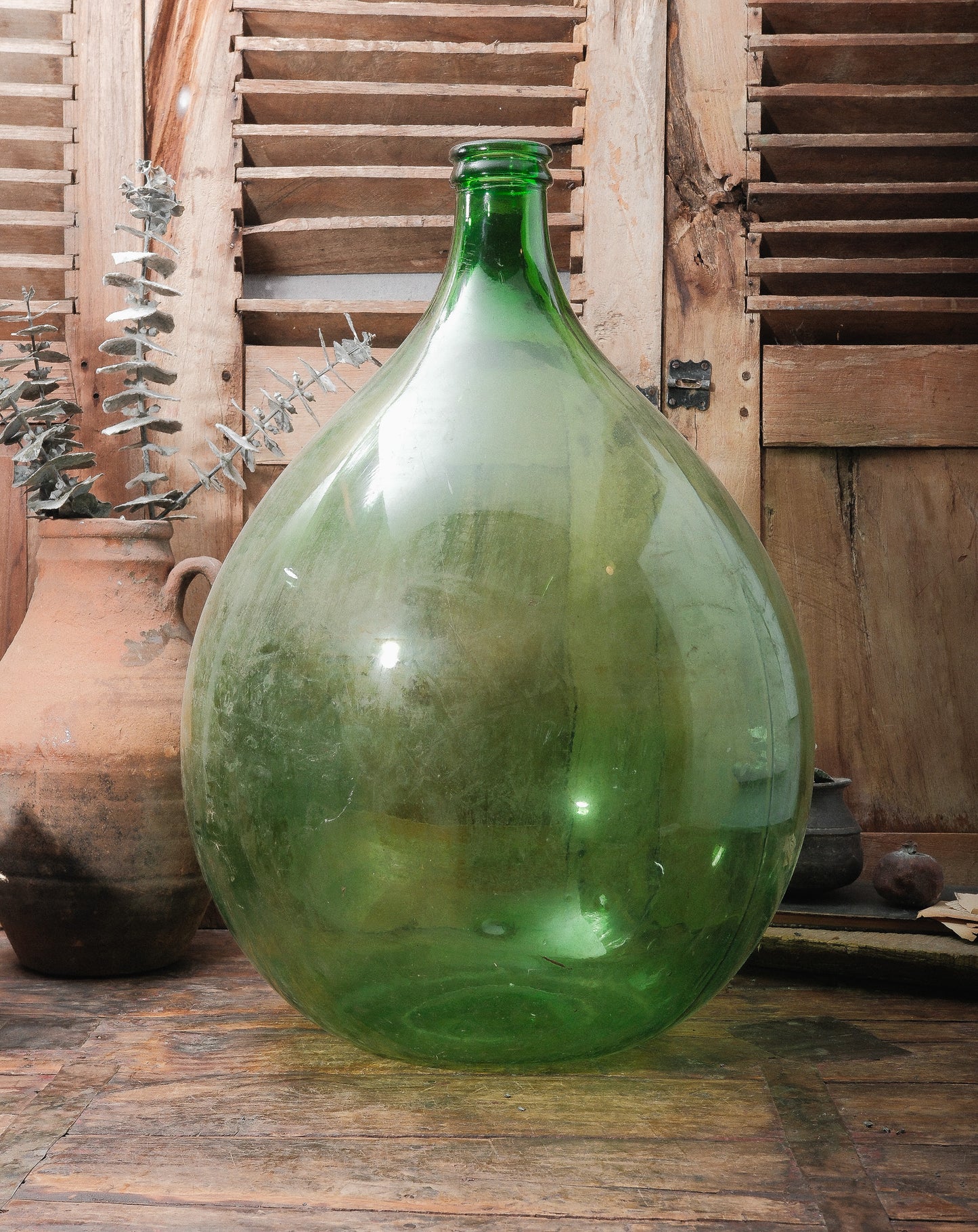 Vintage European Hand Blown Green Glass Demijohn Wine Vessel