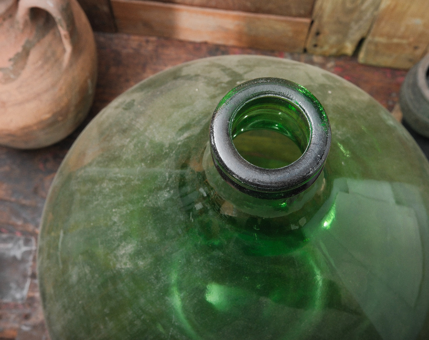 Vintage European Hand Blown Green Glass Demijohn Wine Vessel