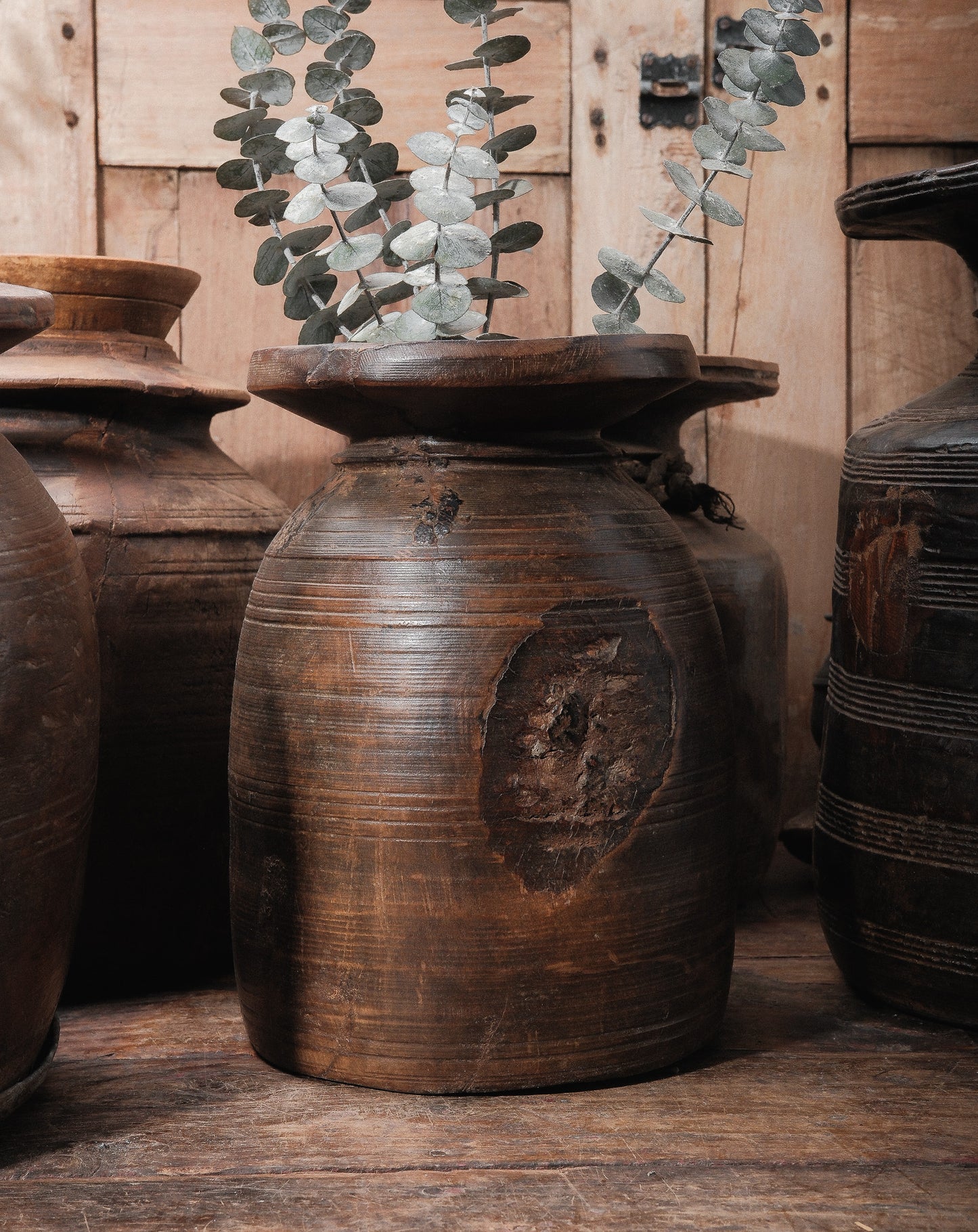 Vintage Indian Hand-Carved Wooden Pot