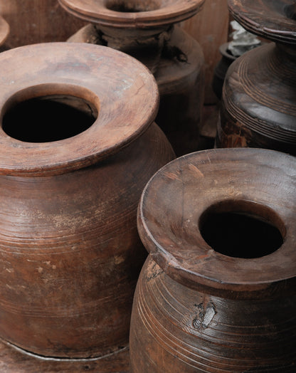 Vintage Indian Hand-Carved Wooden Pot