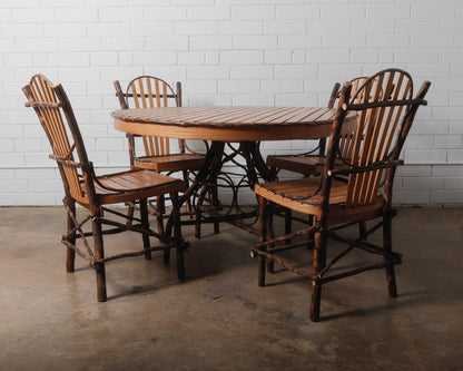 Rustic Amish Hickory Adirondack-Style Round Dining Table & Chair Set