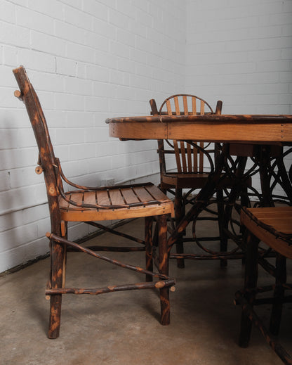 Rustic Amish Hickory Adirondack-Style Round Dining Table & Chair Set