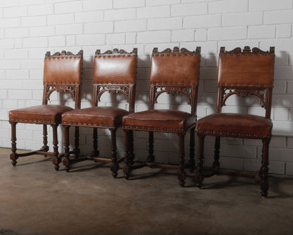 Antique Henry II Renaissance Style Brown Leather and Wood Chairs