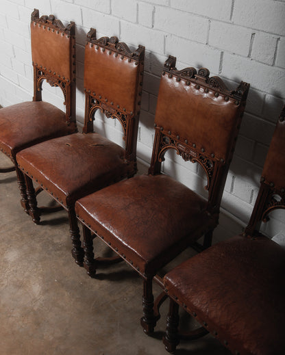Antique Henry II Renaissance Style Brown Leather and Wood Chairs