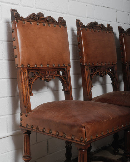 Antique Henry II Renaissance Style Brown Leather and Wood Chairs