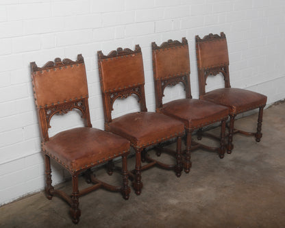 Antique Henry II Renaissance Style Brown Leather and Wood Chairs