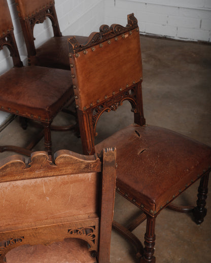 Antique Henry II Renaissance Style Brown Leather and Wood Chairs
