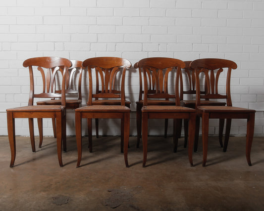 Set of Eight Vintage Wooden Dining Chairs with Curved Backs and Woven Cane Seats