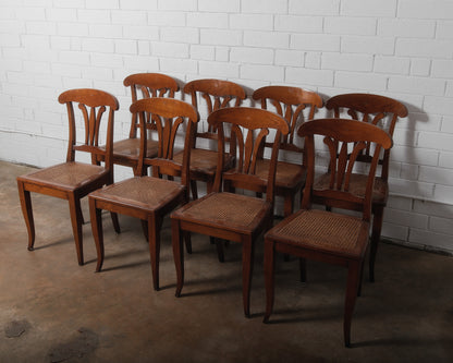Set of Eight Vintage Wooden Dining Chairs with Curved Backs and Woven Cane Seats