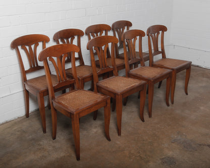 Set of Eight Vintage Wooden Dining Chairs with Curved Backs and Woven Cane Seats