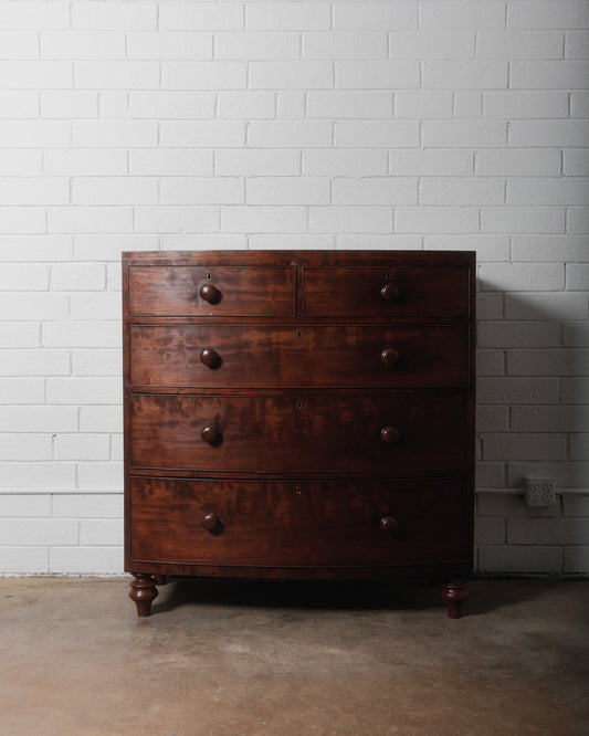 Antique 19th-Century Bow-Front Solid Mahogany Chest of Drawers