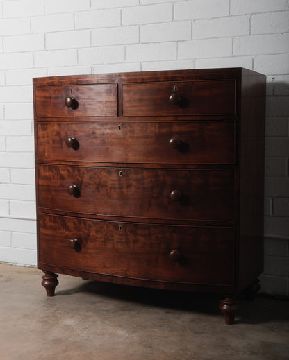 Antique 19th-Century Bow-Front Solid Mahogany Chest of Drawers