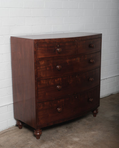 Antique 19th-Century Bow-Front Solid Mahogany Chest of Drawers