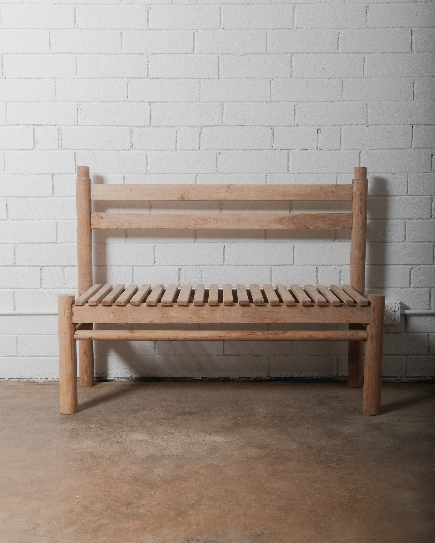 Rustic Wooden Slatted Bench with Backrest in Natural Finish